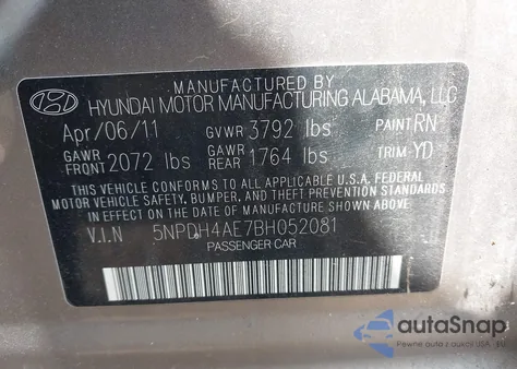 2011 Hyundai Elantra Gls from USA, damaged, VIN 5NPDH4AE7BH052081
